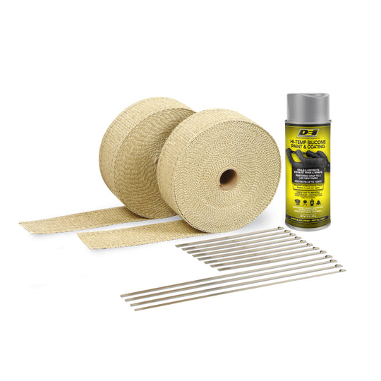 DEI Exhaust Wrap Kit with tan heat-resistant wrap and aluminum HT silicone coating aerosol for automotive exhaust systems.