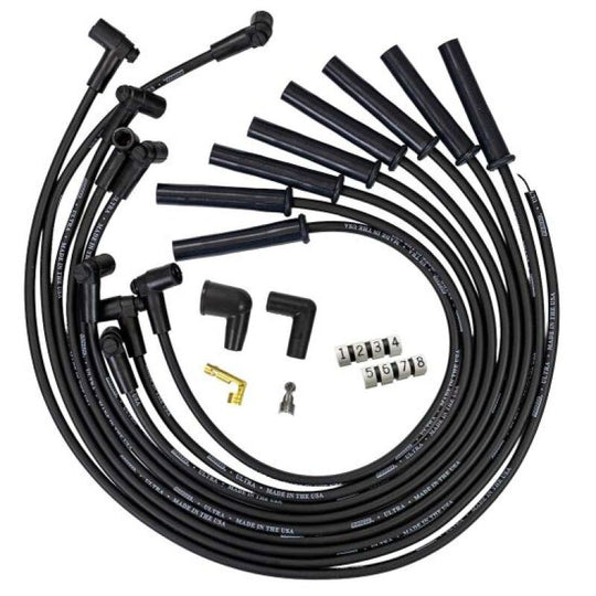 Moroso GM BBC HEI-style spark plug wire set with black 8mm multi-angle wires for Ultra 350 366-454 engines, without coil in cap