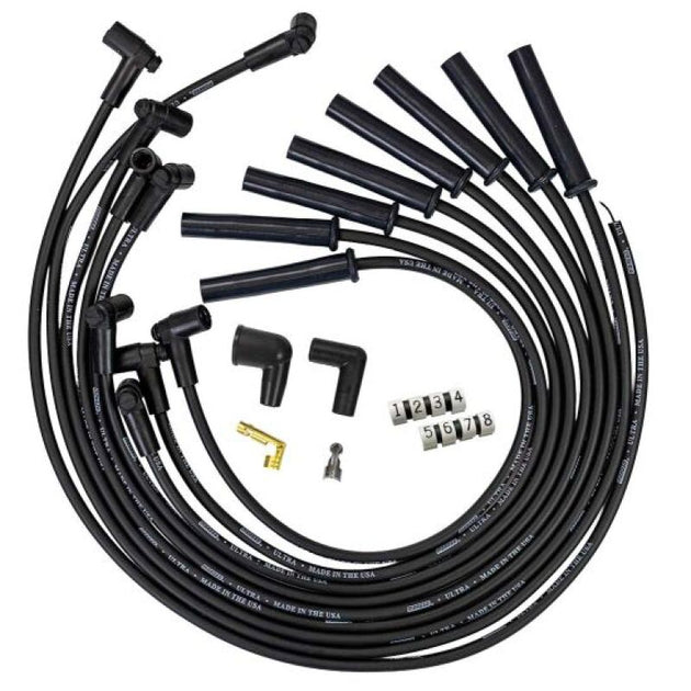 Moroso GM BBC HEI-style spark plug wire set with black 8mm multi-angle wires for Ultra 350 366-454 engines, without coil in cap