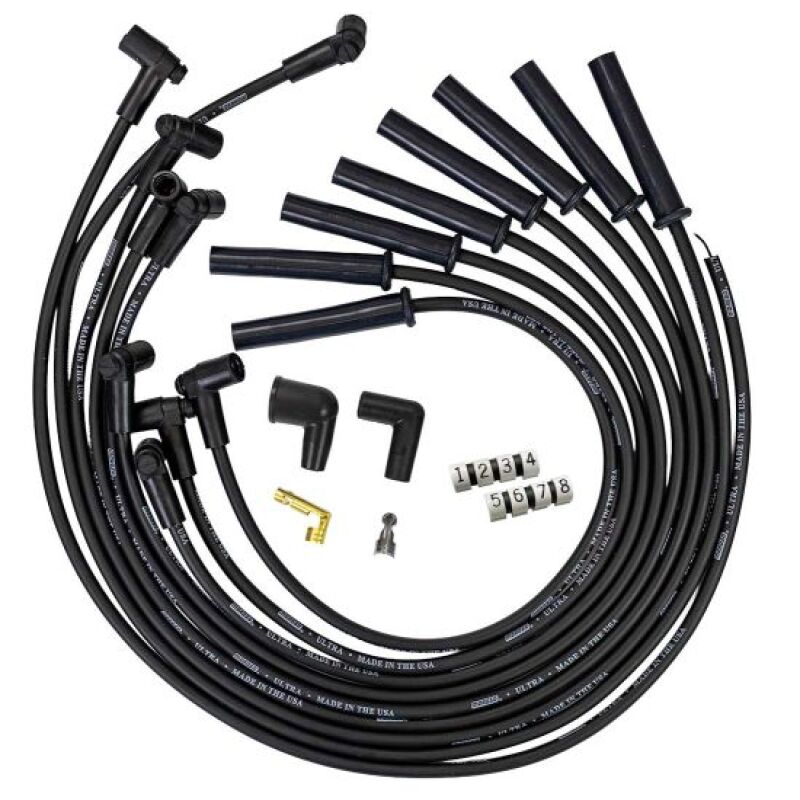 Moroso GM BBC HEI-style spark plug wire set with black 8mm multi-angle wires for Ultra 350 366-454 engines, without coil in cap