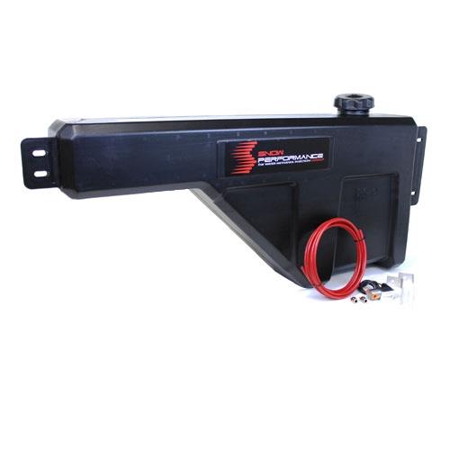 Snow Performance 10-gallon tool box style reservoir with front bracket and hardware, designed for automotive fluid storage.