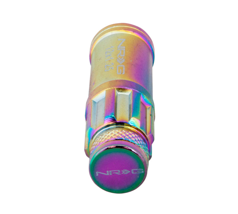 NRG 700 Series M12 x 1.5 steel lug nut set with dust cap cover, locks, and lock socket in neochrome finish, includes 21 pieces.