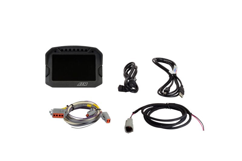 AEM CD-5LG Carbon Logging Digital Dash Display gauge with internal 10Hz GPS and antenna, showing digital interface and mounting details.