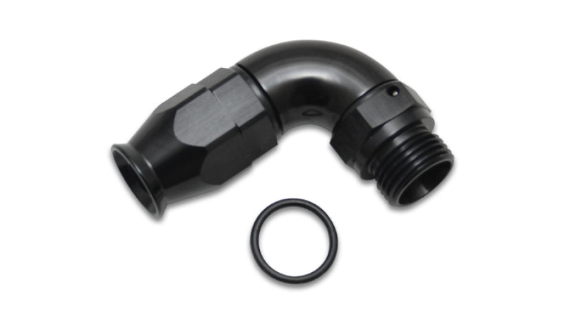 Vibrant -8AN to -10ORB aluminum 90-degree fitting for PTFE hose, one-piece design, with smooth metallic finish and threaded connections.
