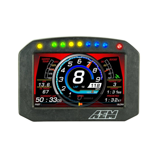 AEM CD-5L Carbon Logging Flush Digital Dash Display gauge showing digital readout and carbon fiber finish for vehicle dashboard.