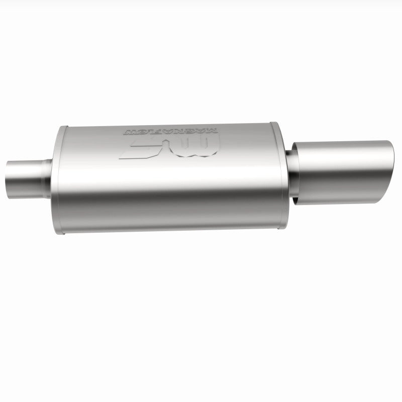 MagnaFlow muffler with tip, model RS 14X5X8, featuring a 2.25/4-inch exhaust outlet, mounted on a vehicle exhaust system.