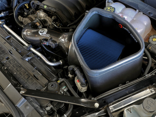 aFe 19-20 GM trucks 5.3L/6.2L Track Series carbon fiber cold air intake system with Pro 5R filters, shown installed.