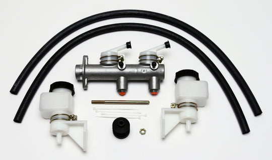 Wilwood tandem brake master cylinder with 1-inch bore and remote reservoirs, designed for high-performance vehicle braking systems.
