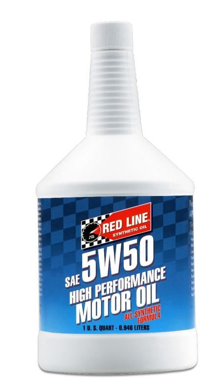 Red Line 5W50 motor oil quart container with black and red label, suitable for engine lubrication and maintenance.
