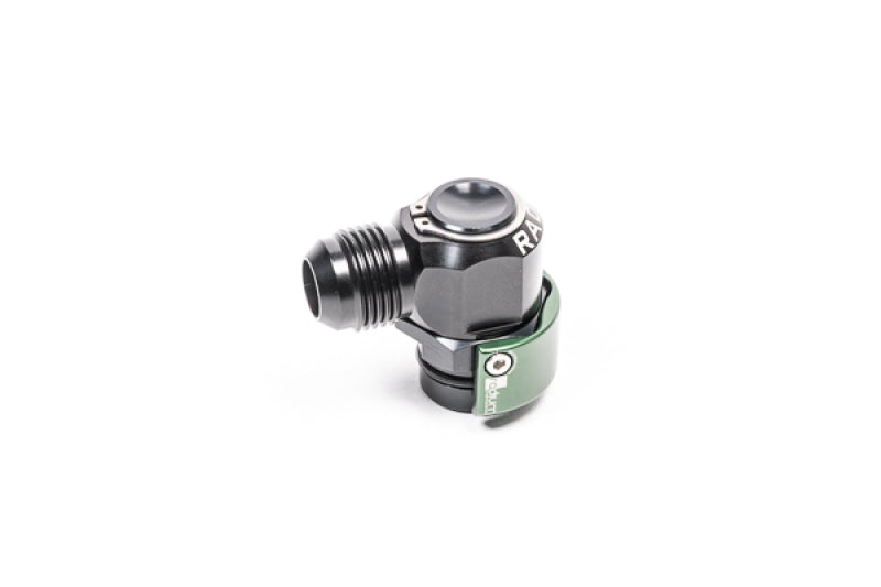 Radium Engineering Radium V2 Quick Connect fitting, 19mm male to 10AN male 90-degree connector, shown in close-up view.