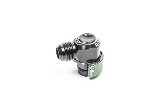 Radium Engineering Radium V2 Quick Connect fitting, 19mm male to 10AN male 90-degree connector, shown in close-up view.