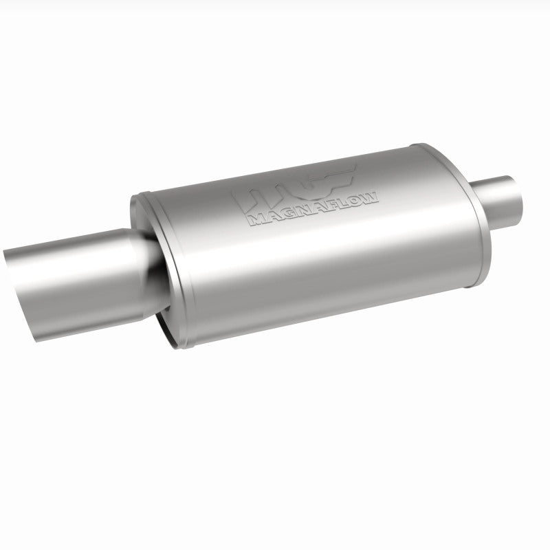 MagnaFlow muffler with tip, stainless steel, 14x5x8 inches, 2.25/4 inlet and outlet, automotive exhaust component