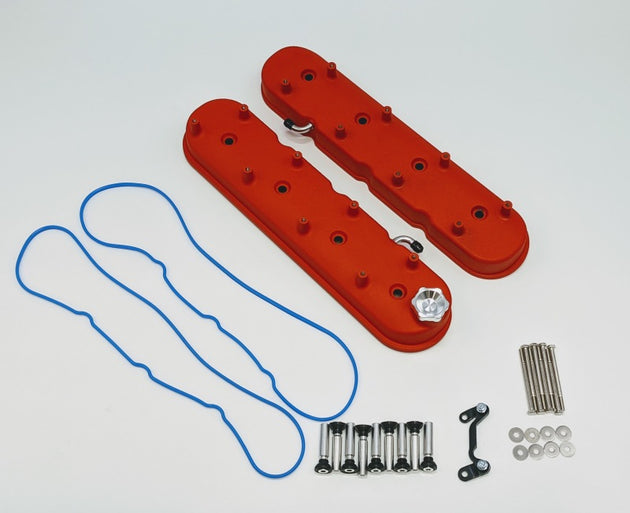 Pair of Granatelli Motor Sports red wrinkle finish LS tall valve covers with integral angled coil mounts, designed for GM LS engines.