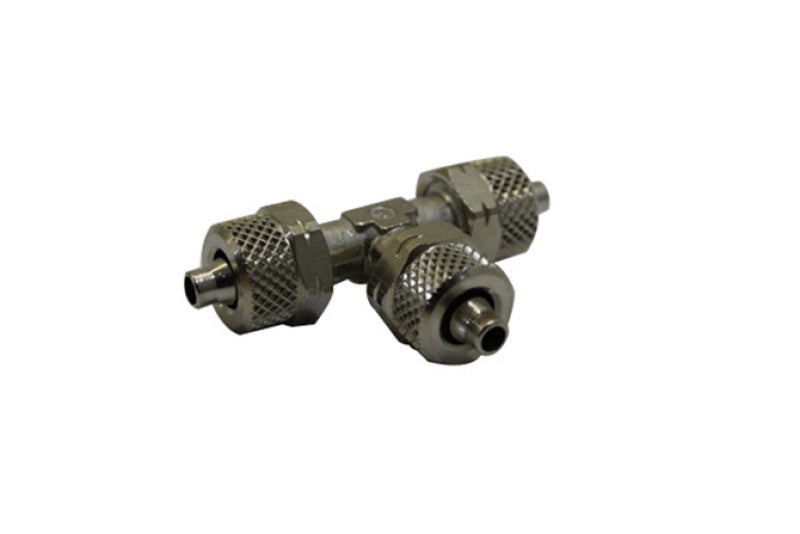 Snow Performance water union fitting with 1/4 inch T-connector for cooling system accessories, durable metal construction.