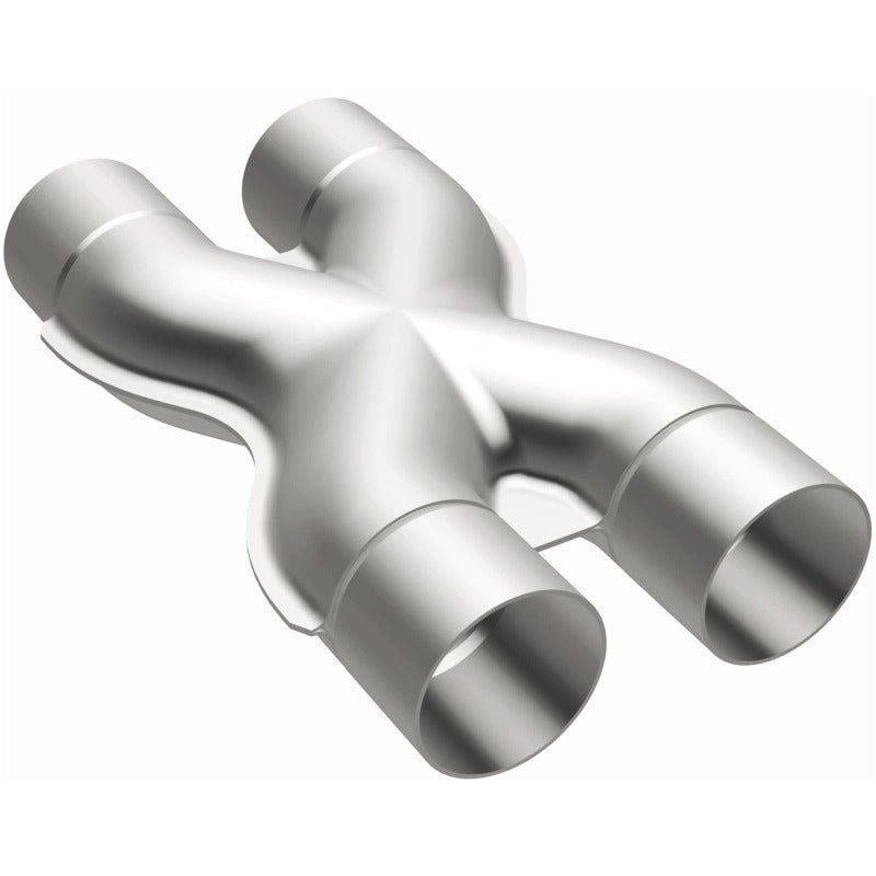 MagnaFlow Smooth Trans X 2.5/2.5 stainless steel X pipe for exhaust systems, showing the polished metal surface and pipe connections.