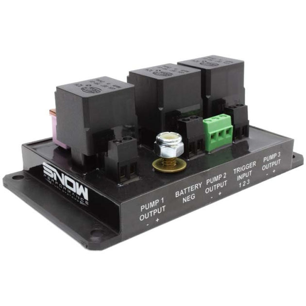 Snow Performance Multi-Pump Relay Module for injection pumps and controllers, featuring electronic relay with wiring and connectors.