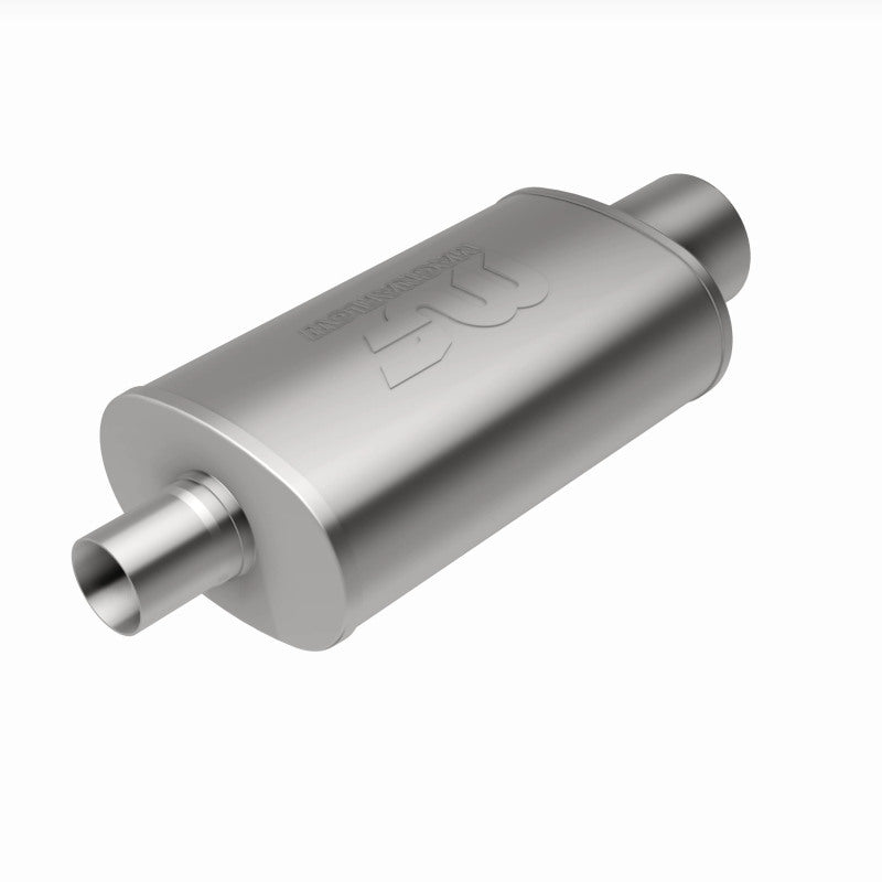 MagnaFlow stainless steel muffler with integrated tip, 14x5x8 inches, featuring dual inlet and outlet pipes for vehicle exhaust system.