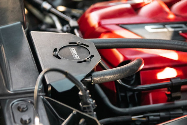 Corvette C8 Stingray Coupe 2020+ Chevrolet oil catch can by CORSA Performance, mounted under the hood.