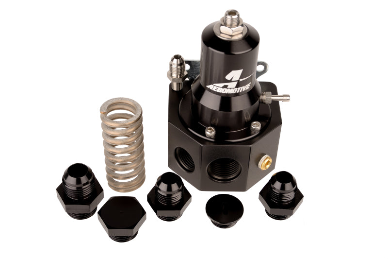 Aeromotive Pro-Series EFI fuel pressure regulator with metal body and adjustment knob for optimal engine fuel management.