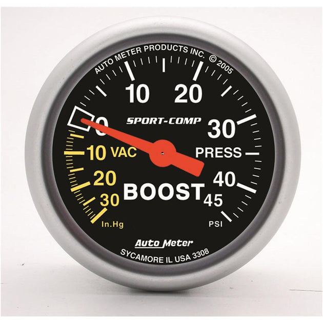 AutoMeter Sport-Comp 52mm mechanical boost gauge displaying 45 PSI, with black face and chrome bezel for automotive boost measurement.