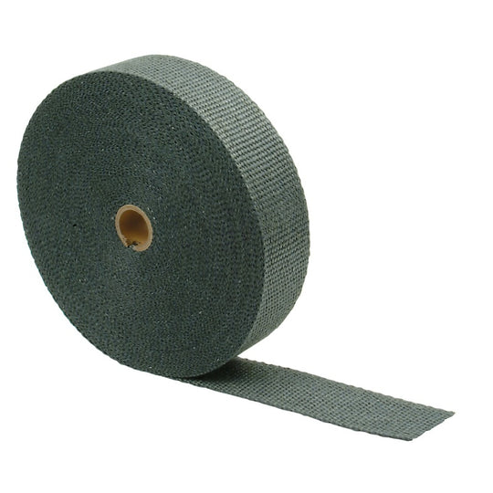 Black DEI Exhaust Wrap 2in x 100ft, heat-resistant wrap for automotive exhaust systems, shown coiled and ready for installation.