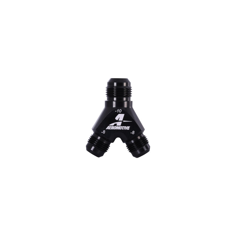 Aeromotive AN-10 Y-Block fitting with two AN-08 outlets, automotive fluid transfer fitting for high-performance fuel systems
