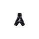 Aeromotive Y-Block fittings with one AN-12 and two AN-10 hose fittings for fuel or oil lines, black metal finish.