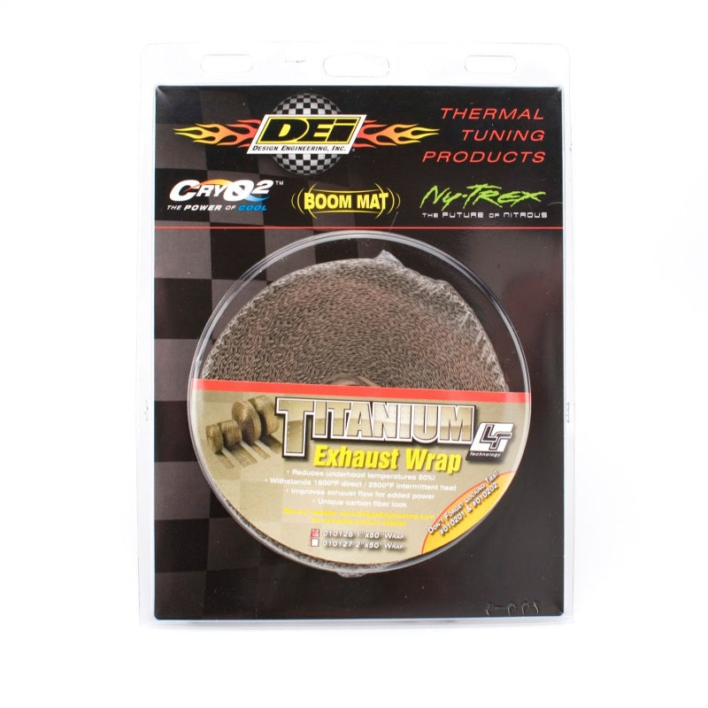 DEI Titanium exhaust wrap, 1 inch by 50 feet, designed to insulate and protect automotive exhaust systems.