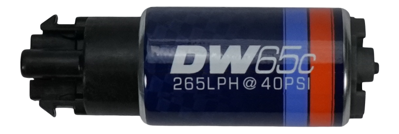 DeatschWerks 265 LPH DW65C compact fuel pump with mounting clips for efficient fuel delivery in vehicles.