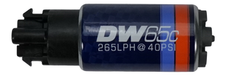 DeatschWerks 265 LPH DW65C compact fuel pump with mounting clips, shown close-up of the pump unit with wiring and fittings.