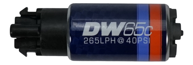 DeatschWerks 265 LPH DW65C compact fuel pump with mounting clips for efficient fuel delivery in vehicles.