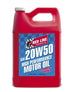 Red Line 20W50 motor oil gallon jug with red and black labeling, designed for engine lubrication and maintenance.