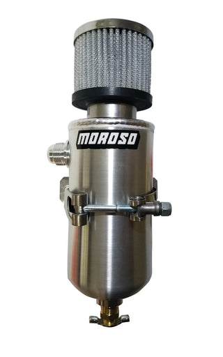 Moroso aluminum breather tank with -10AN male fitting, oil catch can for automotive engine ventilation system.