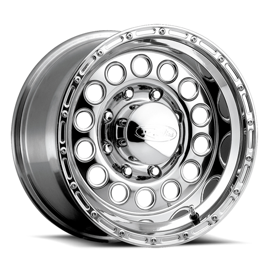 Polished Raceline 887 Rock Crusher 15x10 inch cast wheel with 5x114.3 bolt pattern and -47mm offset, featuring an 83.82mm bore.