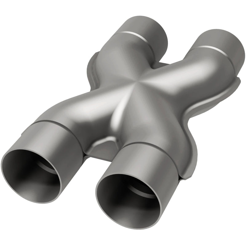 MagnaFlow Smooth Trans X 3/3 X 14 stainless steel X pipe for exhaust systems, showcasing polished metal with welded joints.