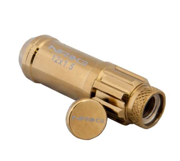 NRG 700 Series M12 x 1.5 steel lug nut set with dust caps, locks, and socket in chrome gold finish, includes 21 pieces.