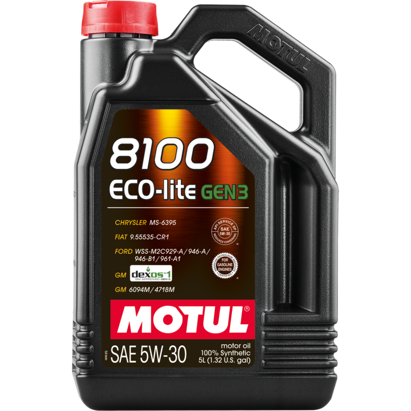 Motul 5L 8100 Eco-Lite Gen3 5W30 full synthetic engine oil container, motor oil product for vehicle engine lubrication
