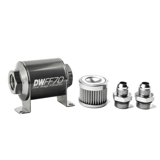DeatschWerks stainless steel 8AN 10 micron universal inline fuel filter housing kit with mounting bracket and fittings.
