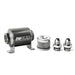 DeatschWerks stainless steel 8AN 10 micron universal inline fuel filter housing kit with mounting bracket and fittings.