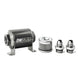 DeatschWerks stainless steel 8AN 10 micron universal inline fuel filter housing kit with mounting bracket and fittings.