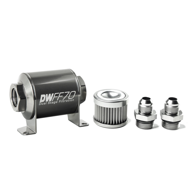 DeatschWerks stainless steel 8AN 10 micron universal inline fuel filter housing kit with mounting bracket and fittings.