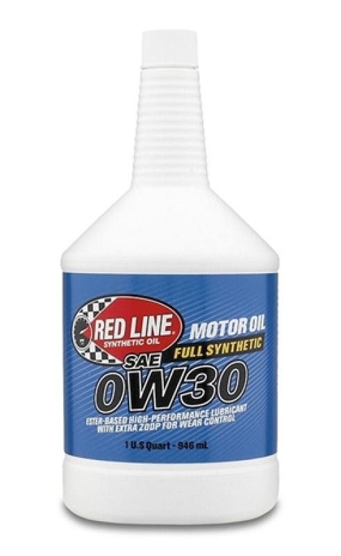 Red Line 0W30 motor oil quart bottle showing the label and container for engine lubrication.