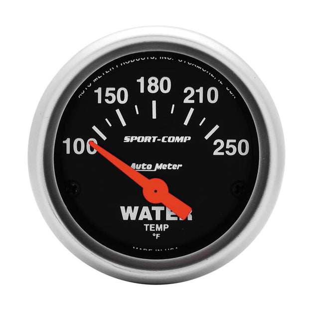 AutoMeter Sport-Comp 52mm electronic water temperature gauge displaying temperature scale from 100 to 250°F with clear dial.