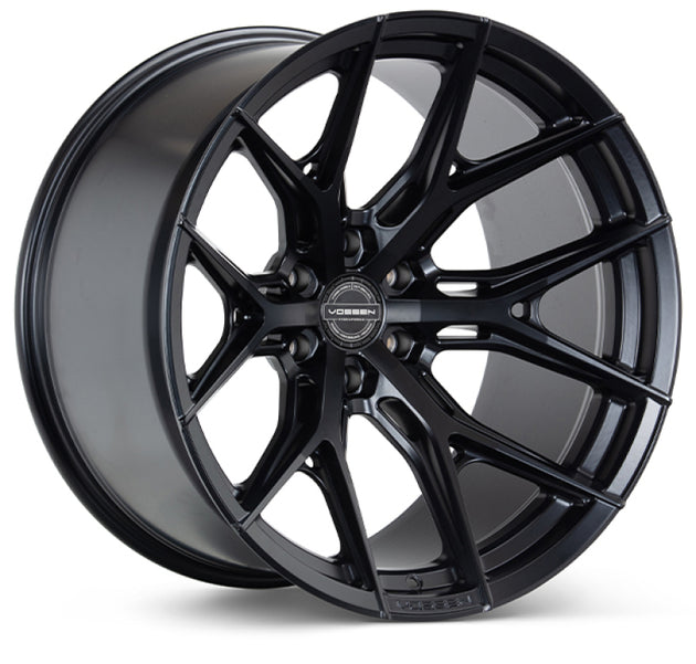 Vossen HF6-4 22-inch satin black forged wheel with deep face, 6x139.7 bolt pattern, ET-18 offset, and 106.1 bore size.