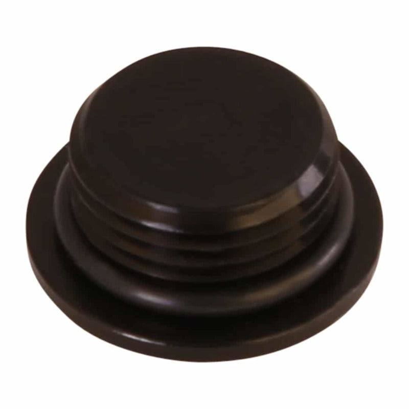 Aeromotive AN-08 O-Ring Boss Slim Line port plug fitting for fuel systems, black metal with threaded design and O-ring seal.