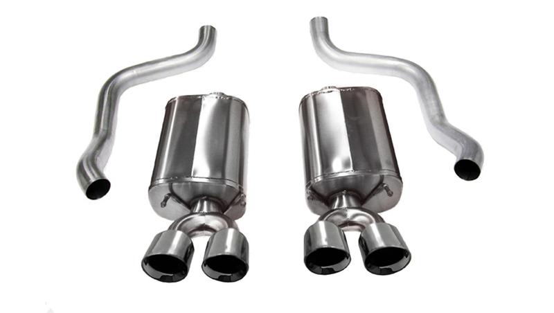 Black CORSA Performance axle-back exhaust for Chevrolet Camaro SS 2017-2024 with 6.2L V8 engine, featuring dual tips and polished finish.
