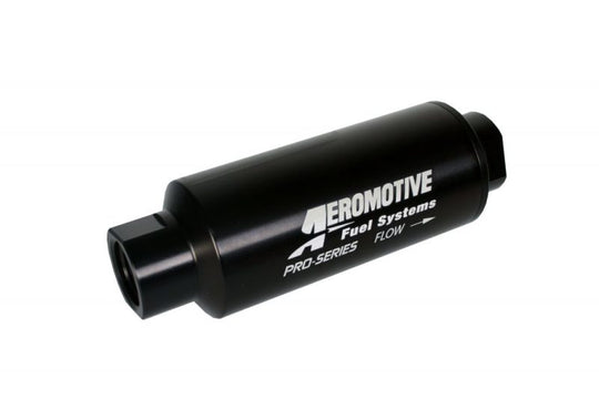 Aeromotive Pro-Series inline fuel filter with ORB-12 fitting and 10 micron microglass element, designed for automotive fuel systems.