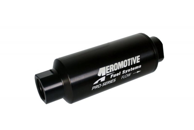 Aeromotive Pro-Series inline fuel filter with ORB-12 fitting and 10 micron microglass element, designed for automotive fuel systems.