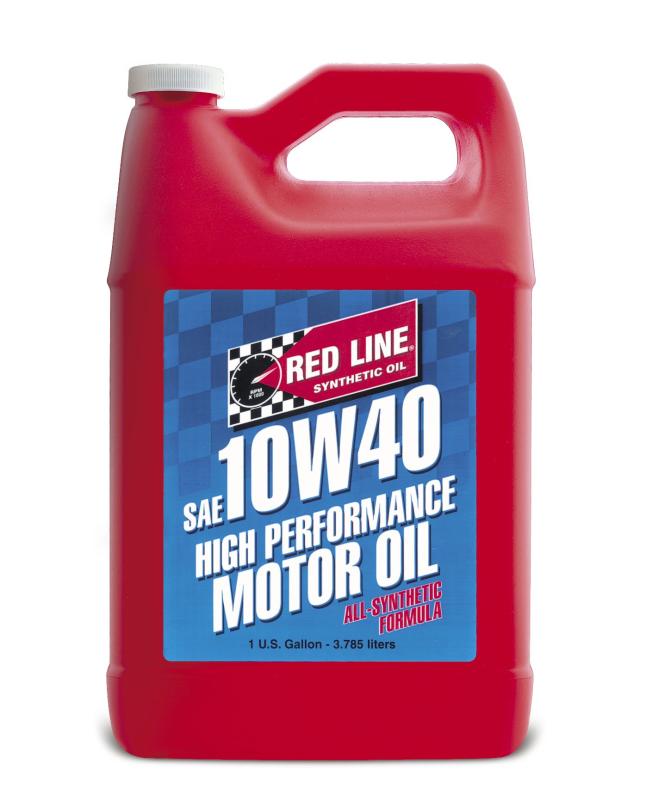Red Line 10W40 motor oil in a gallon container, suitable for engine lubrication and automotive maintenance, branded by Red Line.