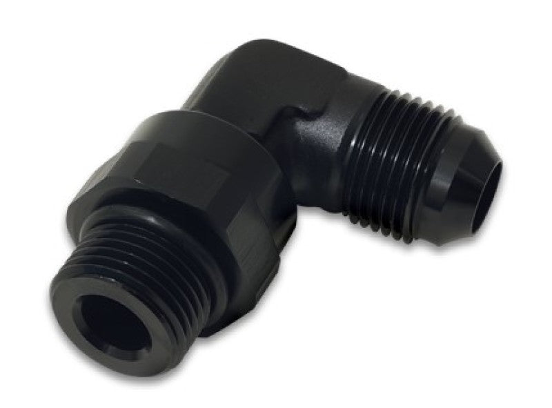Vibrant black -12AN male flare to male ORB swivel 90-degree adapter fitting, anodized black, for high-performance automotive applications.